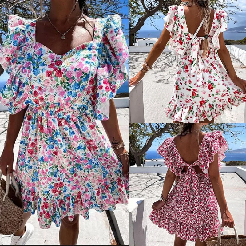 

2022Spring New Sexy Temperament Square Collar Ruffled Cinched Short Dress Dress