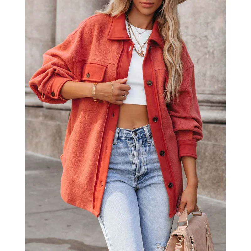 Куртка женская оверсайз из овечьей шерсти с длинным рукавом и отложным