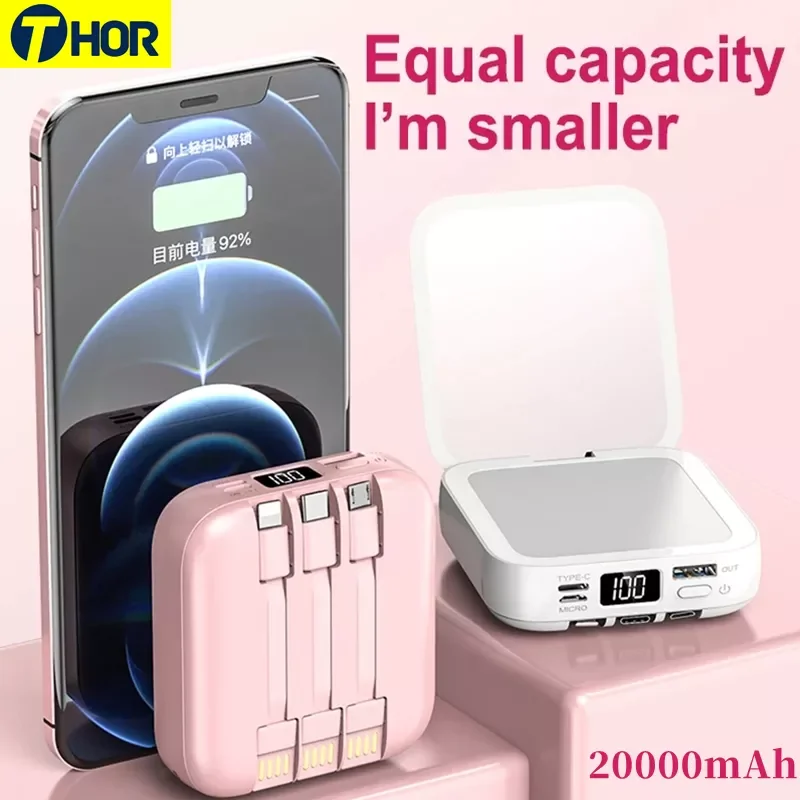 

20000mAh Portable Mini Power Bank Makeup Mirror LED Digital Display Powerbank External Battery Pack Power Bank For Mobile Phones