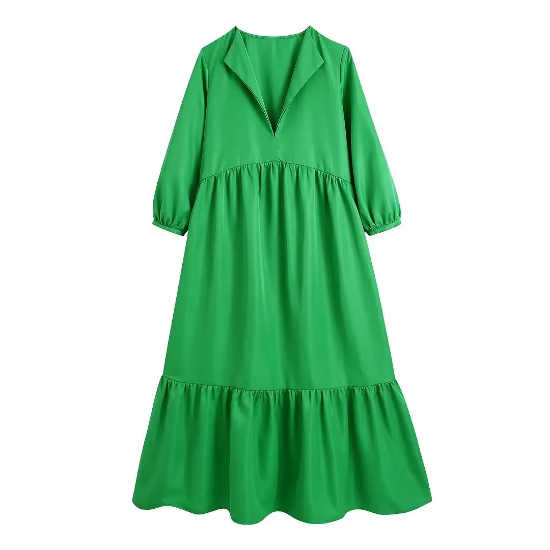 

Mid-Calf Dress Women 2022 New Clothing V-neck Cascading Ruffles Three Quarter Sleeve Vestidos Modern Girl Casual Wears