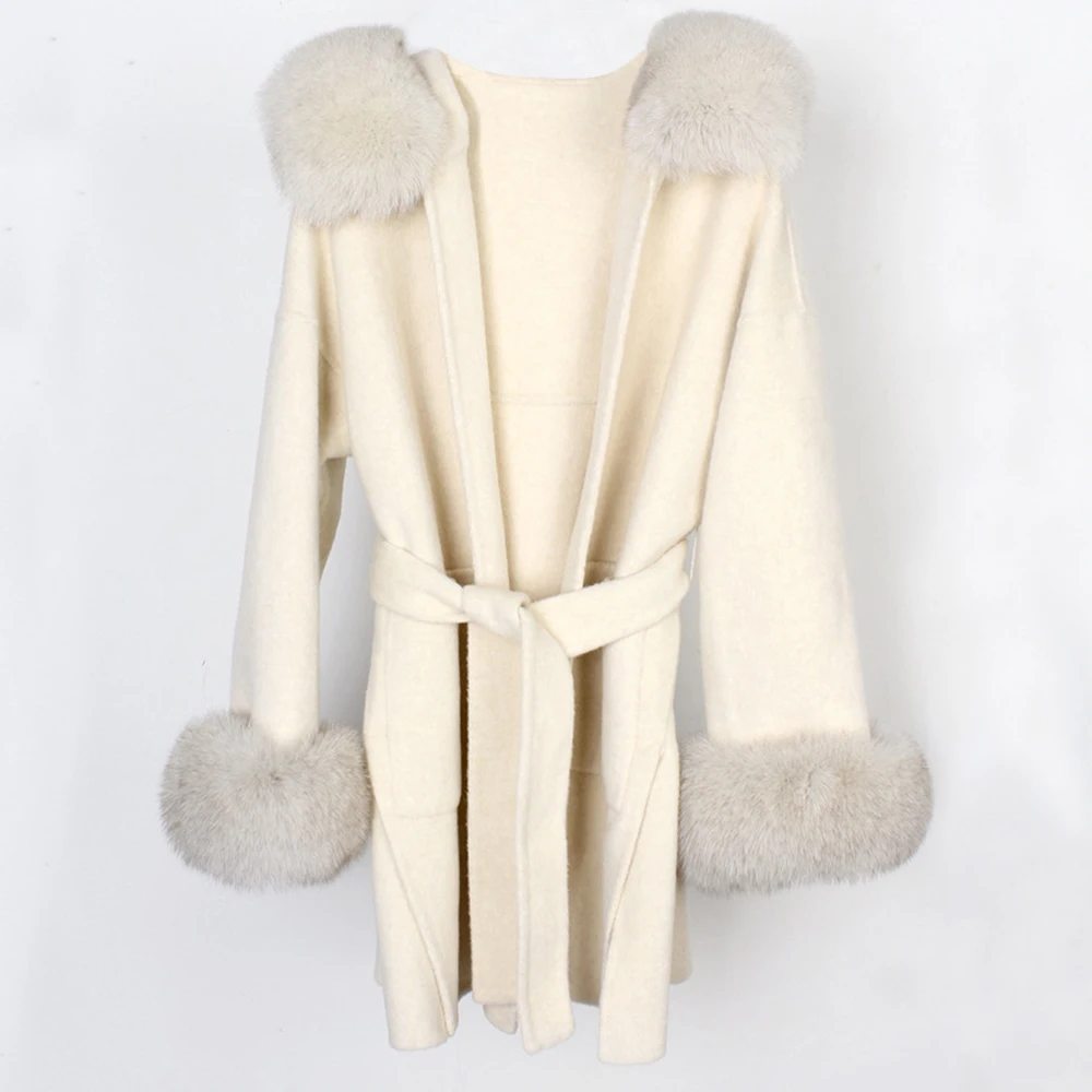 FURYOUME 2022 Winter Women Wool Jacket Long Real Fur Coat Loose Cashmere Wool Blends Streetwear Natural Fox Fur Hood with Belt enlarge