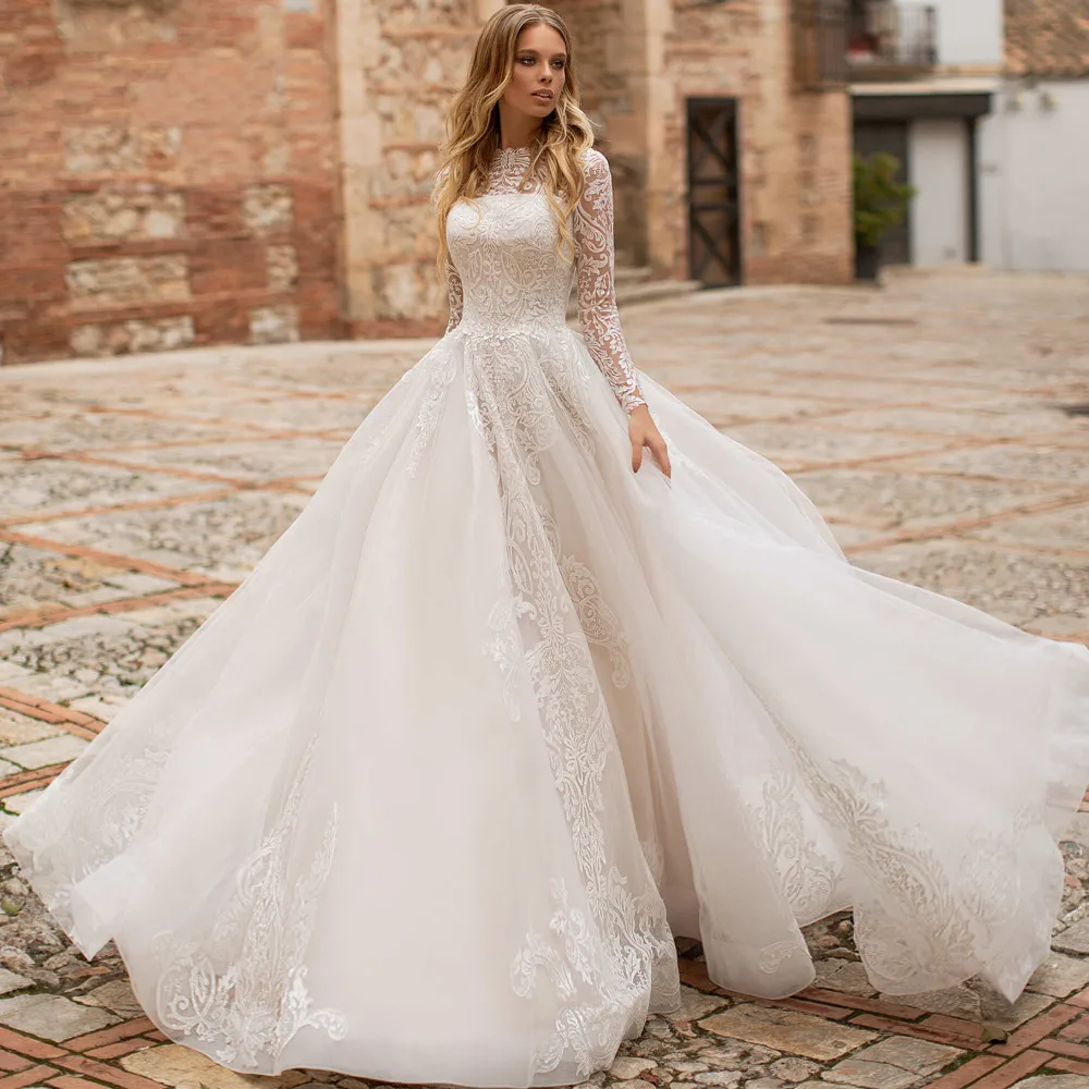 

On Zhu Vestido De Novia Vintage Lace Wedding Dresses 2023 Illusion Appliques Long Sleeve Court Train A-Line Bridal Gowns