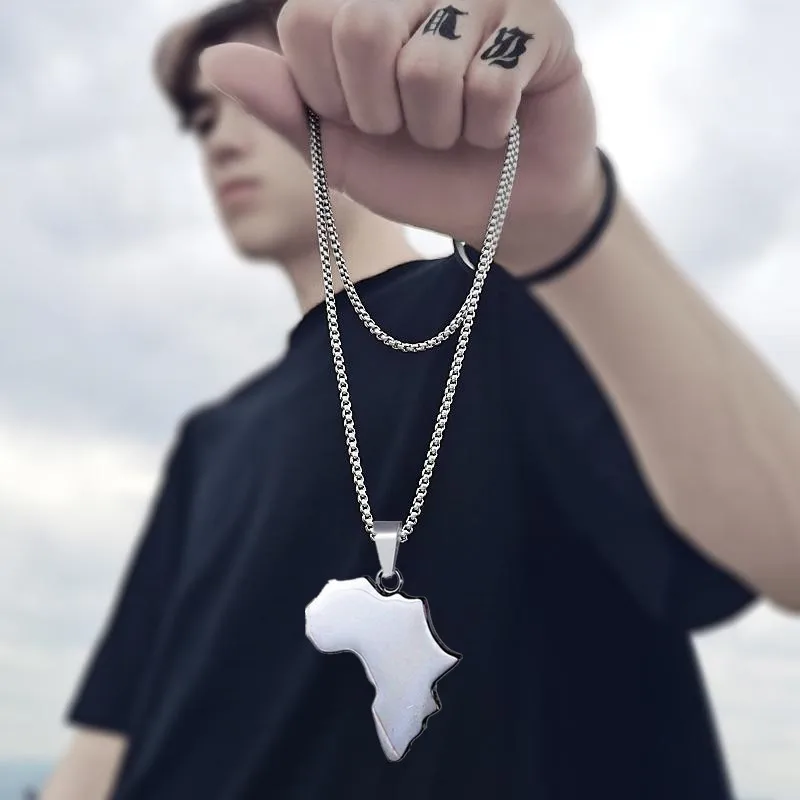

African map Necklace Stainless Steel Square Chain map pendant Necklace african map Round Box Chain Necklaces for Men Women