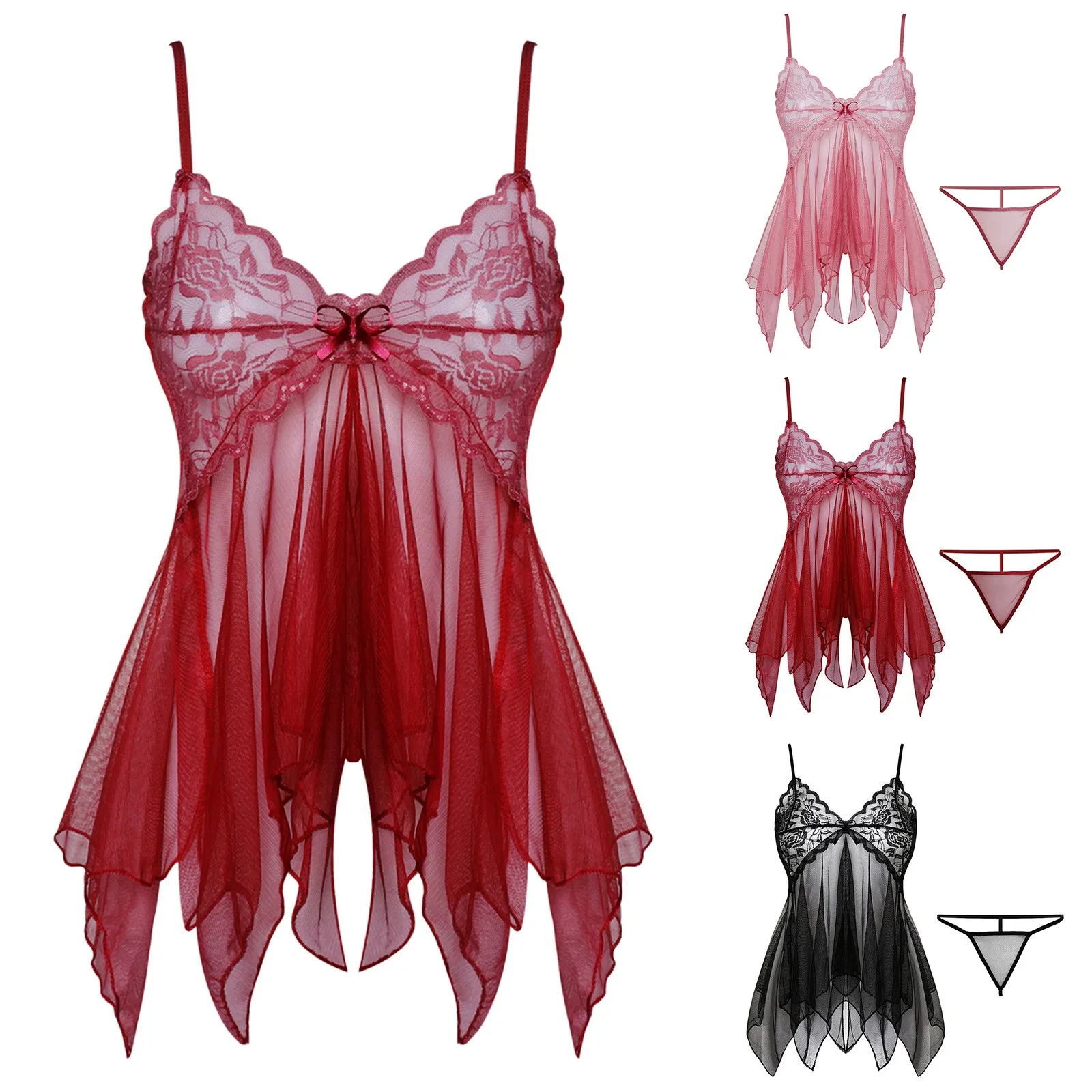 

Erotic Lingerie Yarn Mesh Perspective Pajama Sexy V-Neck Lace Suspender Night Dress Women See-Through Nighties With Thong