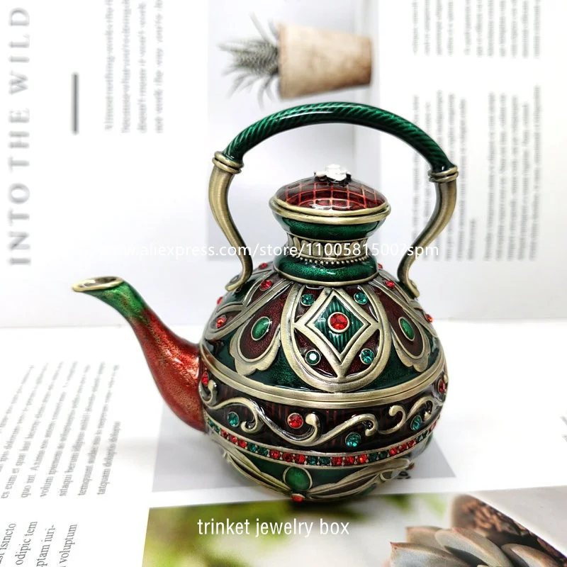 New Teapot Hinged Jewelry Trinket Box with Lid Enamel Metal Jeweled Color Crystals