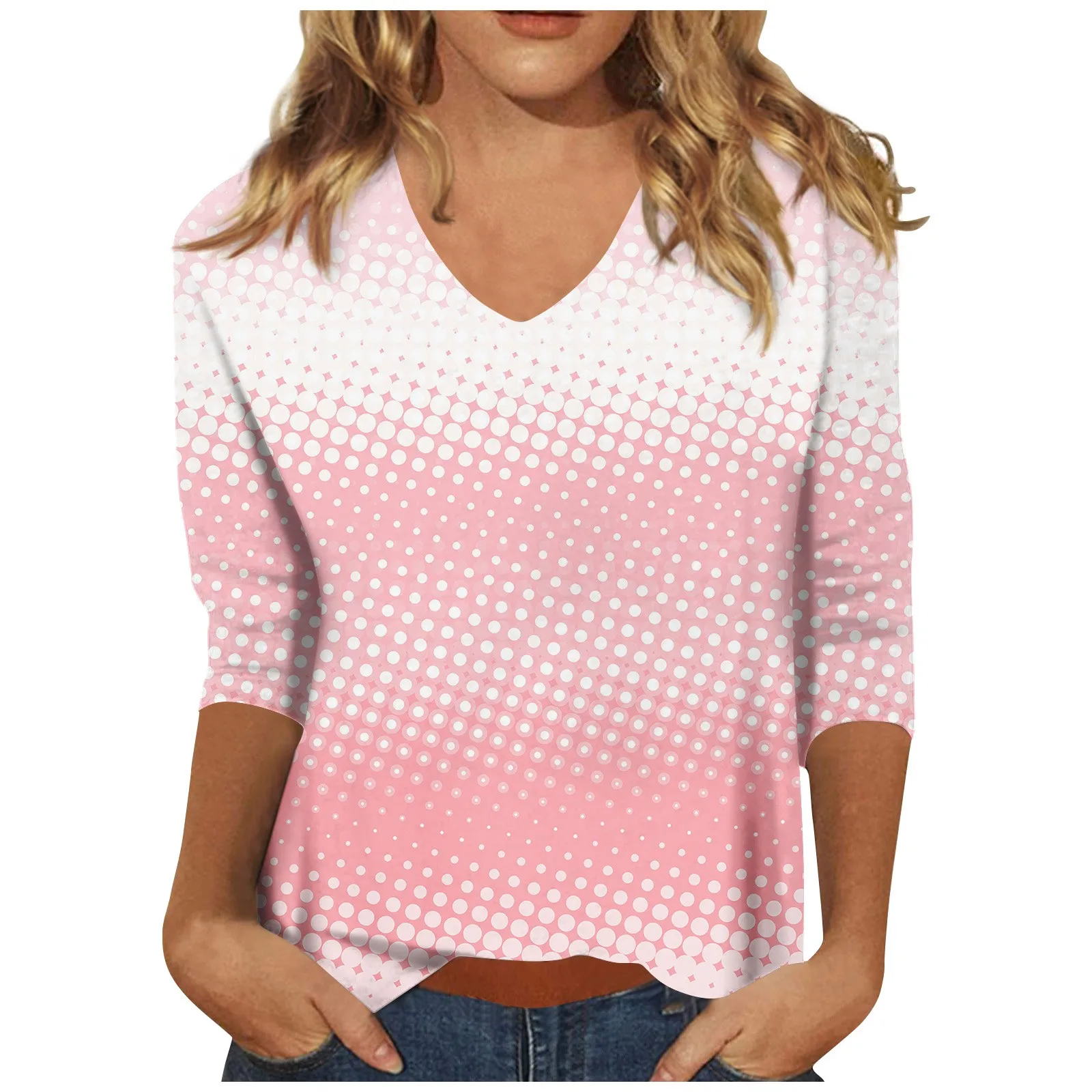 

Women’s Shirt Tops Fashion Everyday Casual V-neck Three Quarter Sleeve Printed T-shirt Top Spring Autumn blusa mujer moda 2023