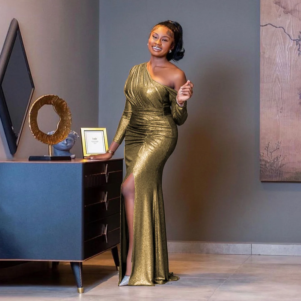 

Роскошное платье на одно плечо в стиле знаменитостей с косым вырезом модное вечернее платье на осень