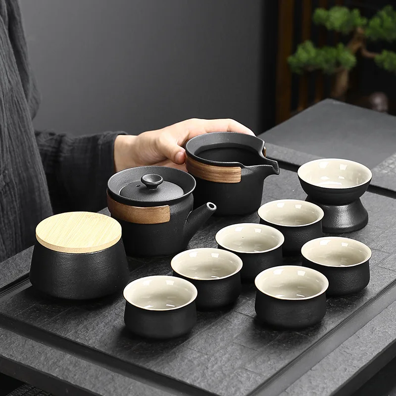 

Japanese Style Black Pottery Beam Teapot Tea Set One Pot Six Cups With Bag Kungfu Home Tea Set Office Travel Teaware 10pcs/set