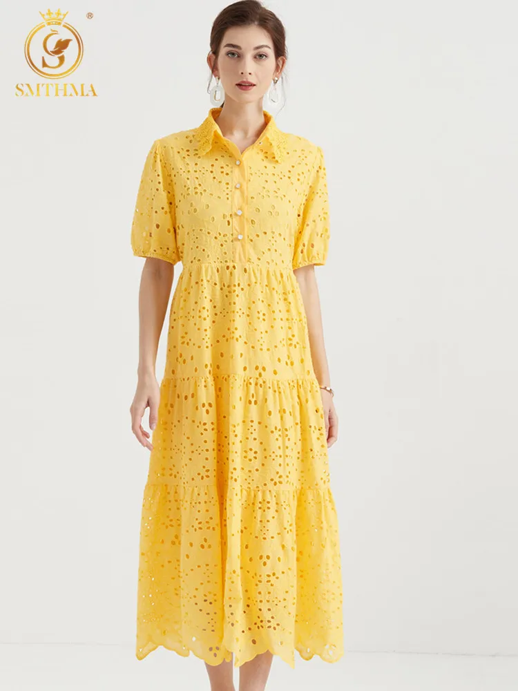 

SMTHMA Women's Vintage Elegant Summer Embroidery Lace Hollow Out Long Dresses Ladies Single-Breasted Big Swing Dress Vestidos