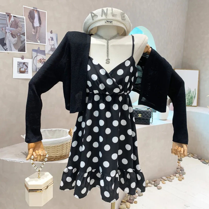 

New Women's Clothing 2022 Summer long sleeve knitted sunscreen cardigan top coat wave point suspender sling dress Two piece set