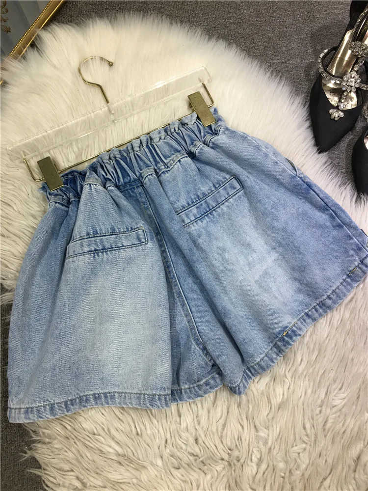 Short Jeans Women 2023 Summer A- Line Shorts Heavy Industry Beads Jeans Female Light Blue Elastic Waist Wide-Leg Pants Female