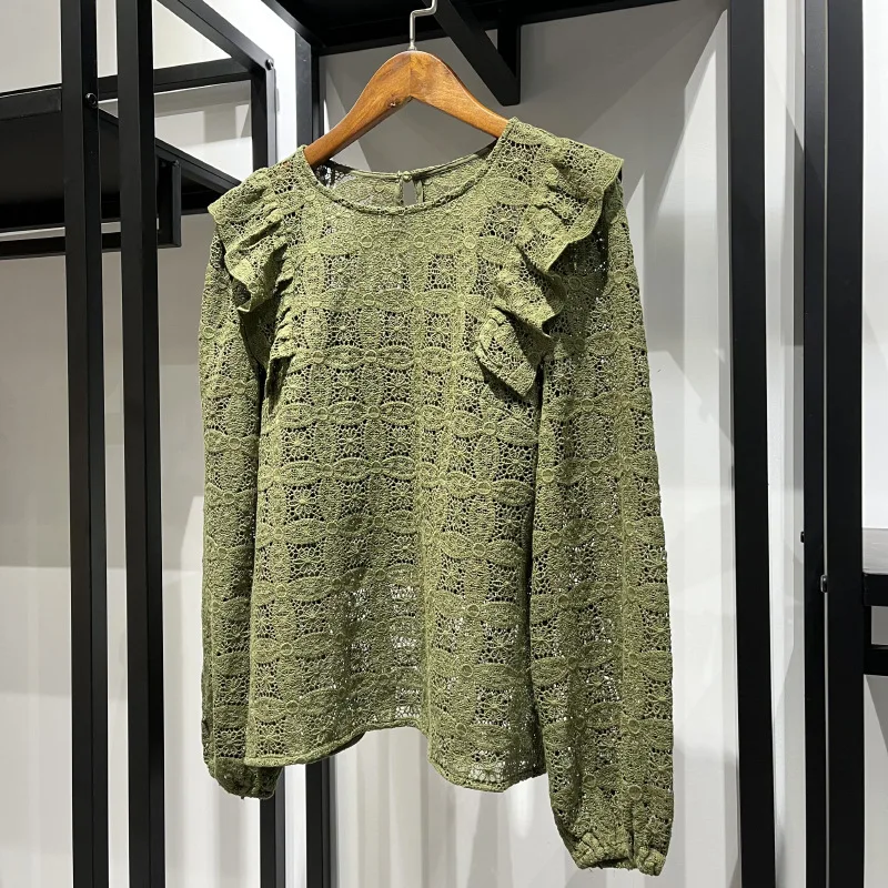 

Vintage Long Sleeve Blouses for Women Casual O-neck Ruffles Summer Blouse 2022 Office Wear Loose Hollow Out Floral Shirt Camisa