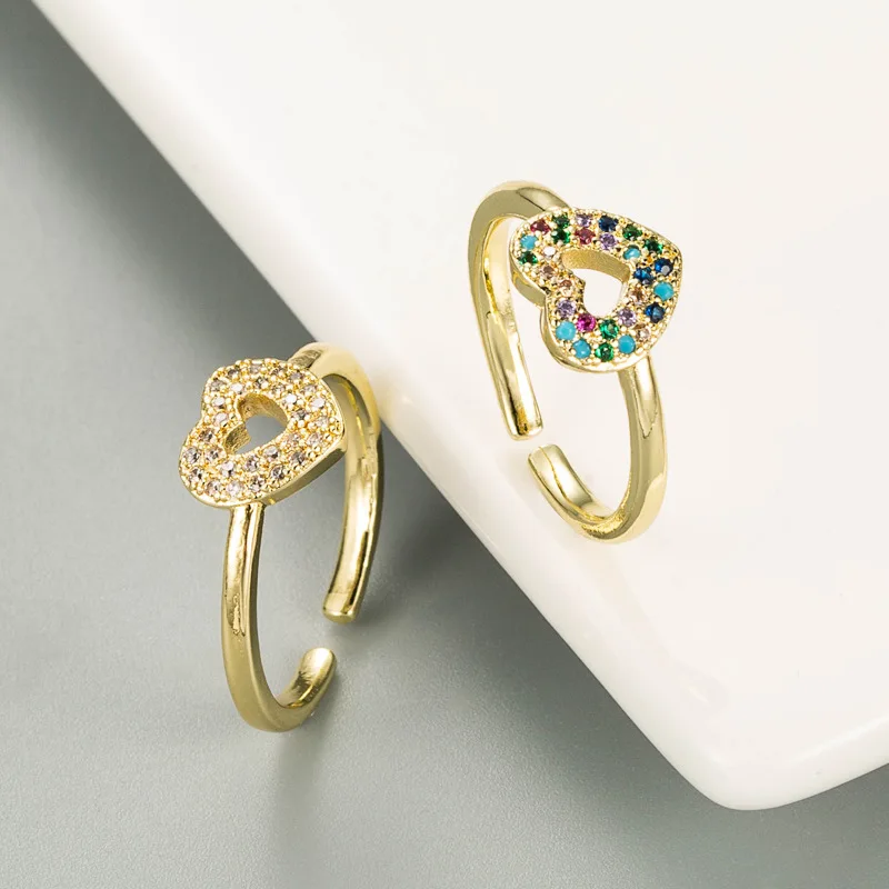 

Fashion Gold Color Metal Heart Multicolor Zircon Open Ring Punk Vintage Adjustable Ring for Women Party Jewelry