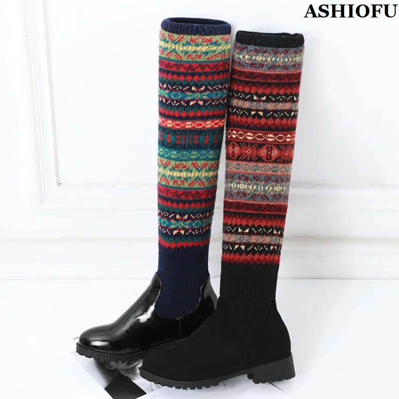 

ASHIOFU New Classic Style Ladies Knee-high Boots Patchwork Cottons Large Size 34-46 Vintage Booties Evening Fashion Winter Shoes