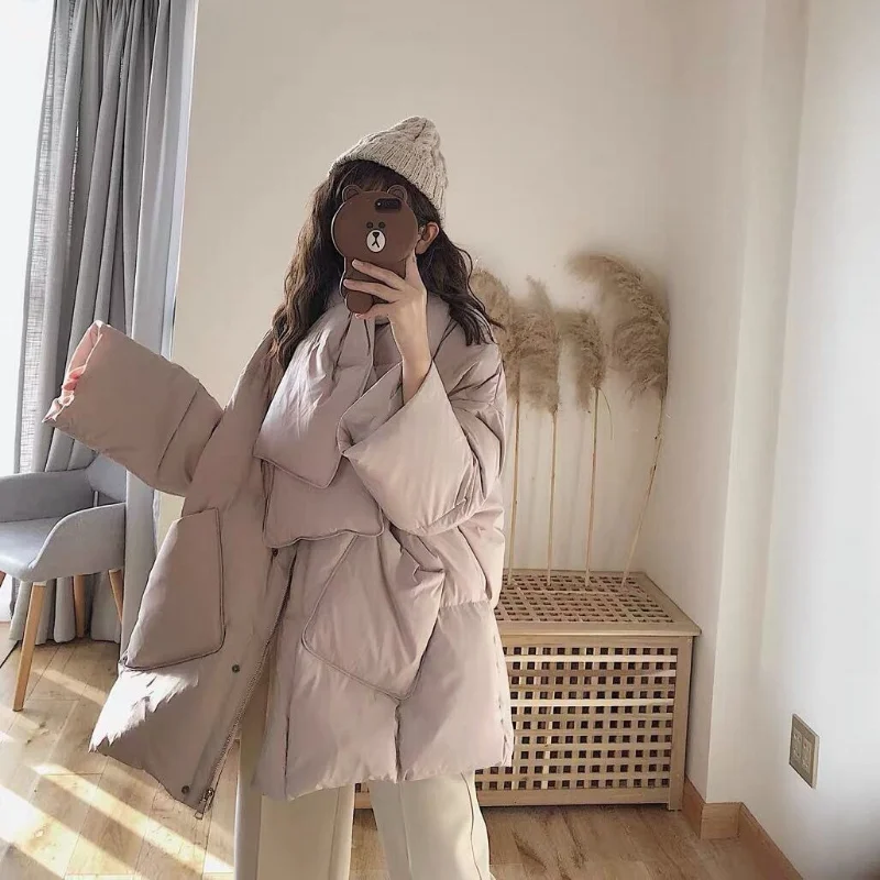 New Oversize Women's Winter Jacket Scarf Down Jackets Parkas Super Hot Coats Korean Fashion Snow Clothes Loose Solid Colours