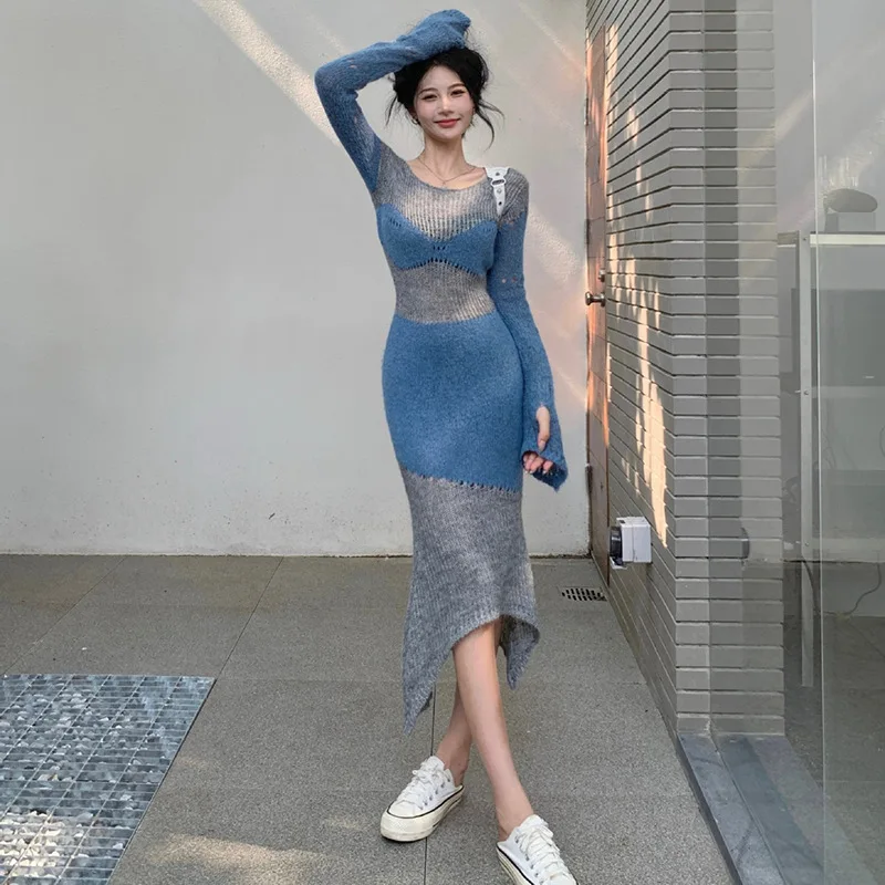 

Spring and Autumn French Vintage Knitted Dresseselegant Casual Women's Dresses Color Blocking Temperament Package Hip Dress