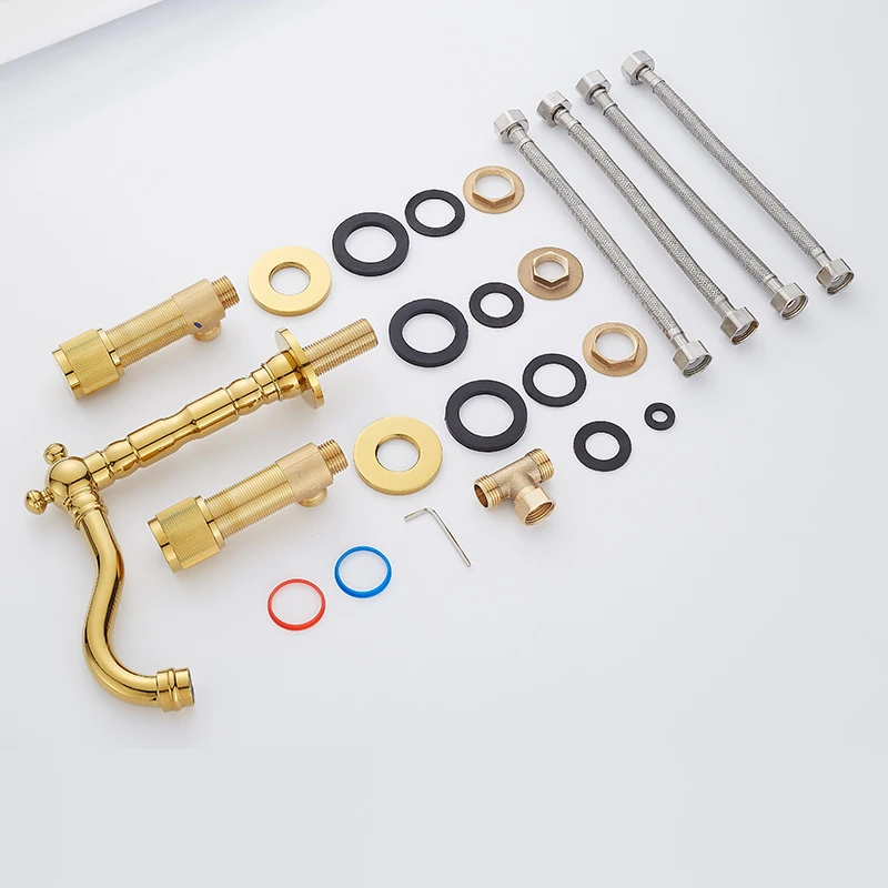 Высокий смеситель золотого цвета для ванной комнаты набор из трех предметов