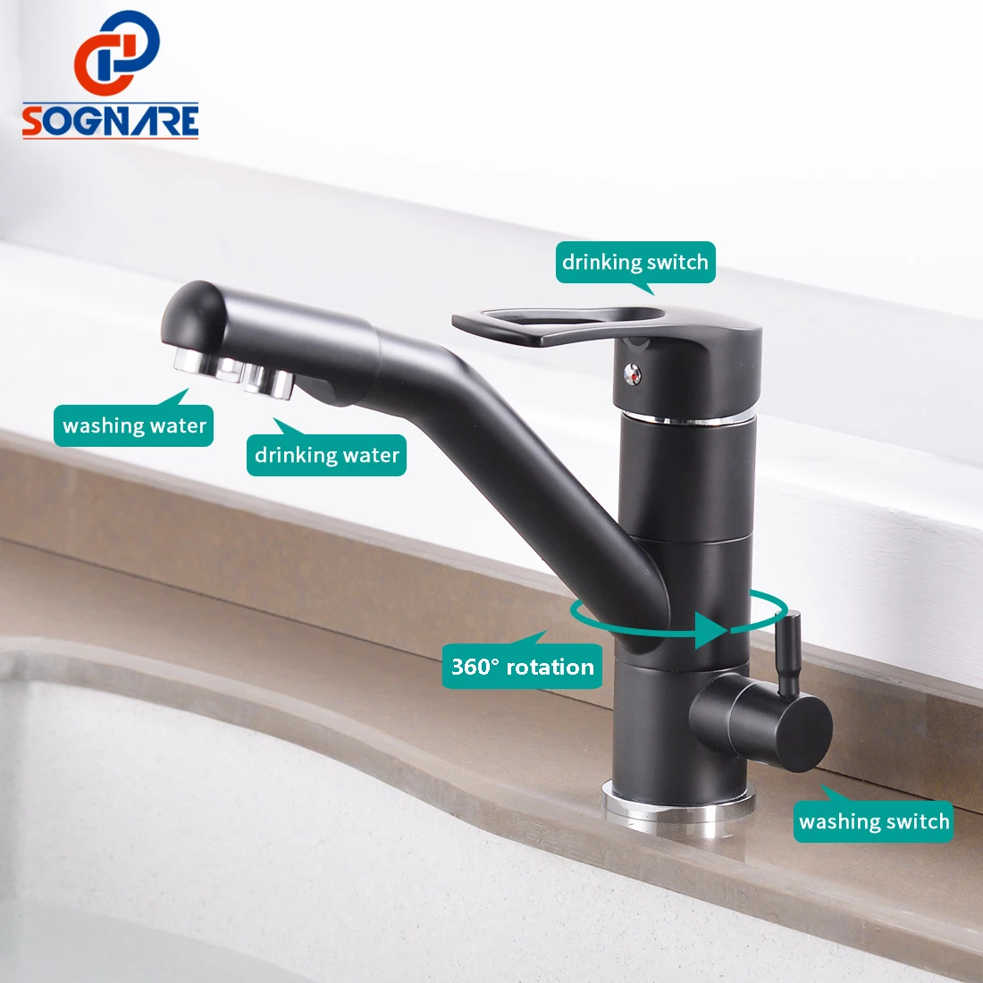 

Black Kitchen Faucets 360 Degree Swivel Cold Hot Drink Water Sink Mixer 3 Way Filter Tap Crane Cocina Cuisine меситель Для Кухни