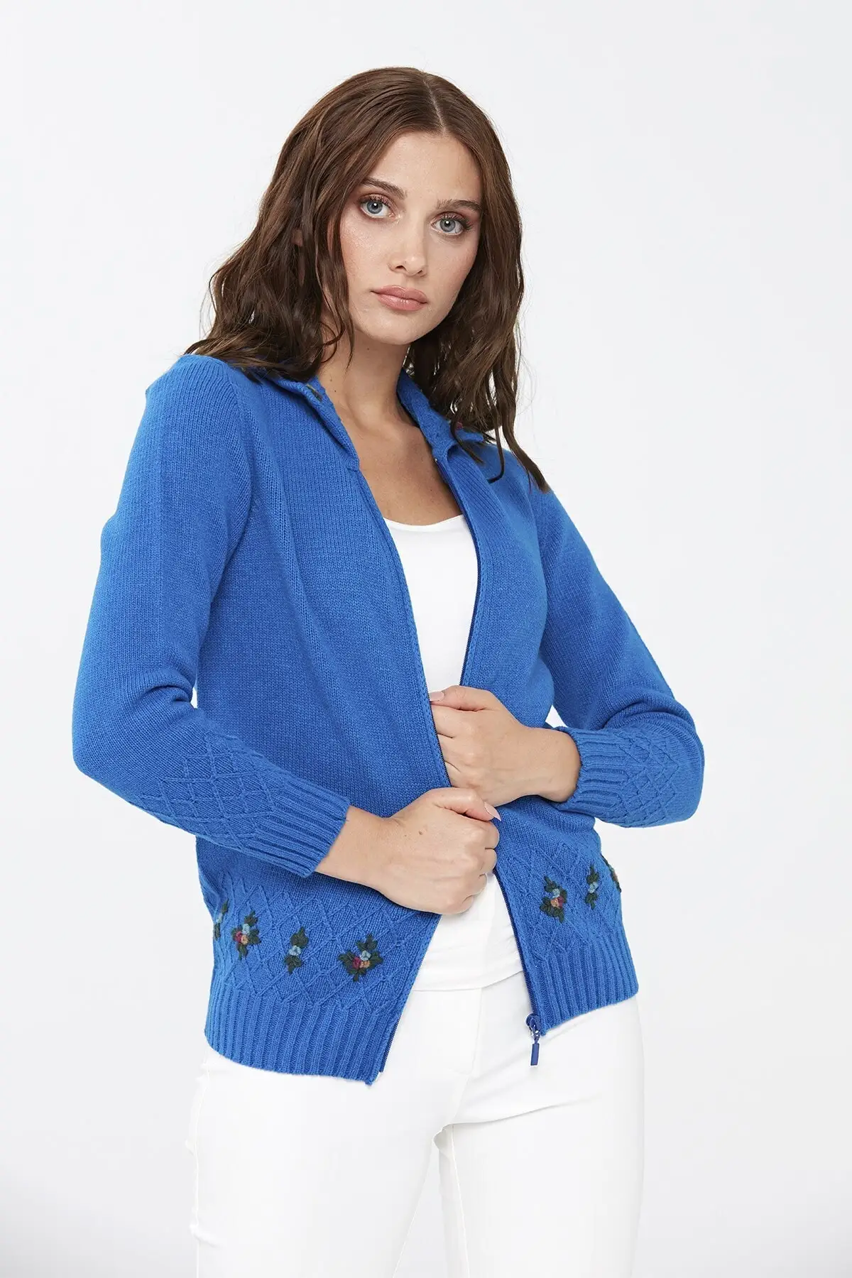 

Women's Cardigan Shirt Collar Floral Sax Casual Knitted Quality Fashion Cardigan Sweaters Loose Sweater Jumper