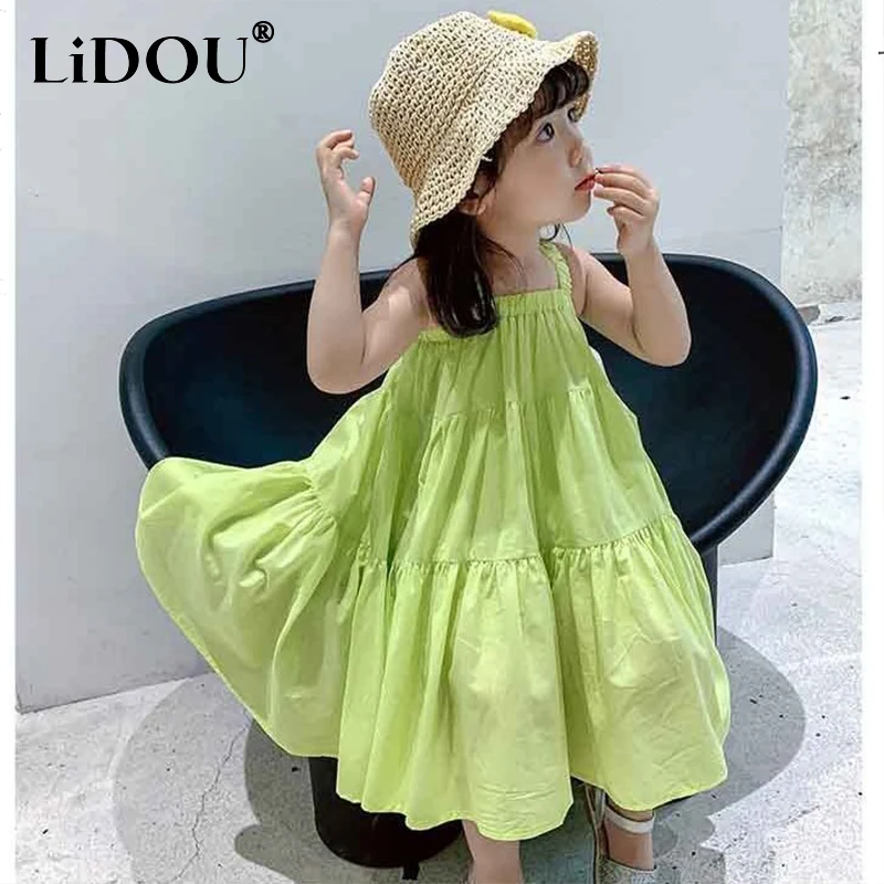 

Summer Solid Cute Casual Pure Cotton Girls Dresses Children's Clothes Kawaii Cake Princess Dress Kids Baby Suspender Vestidos