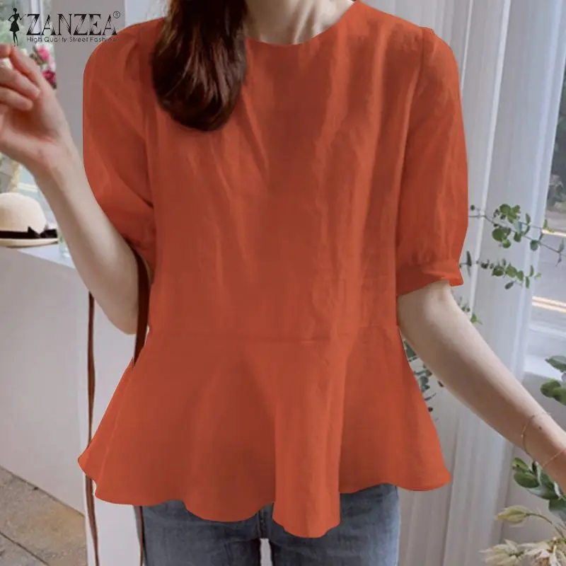 

Женская Повседневная рубашка с коротким рукавом-фонариком, модель 2022 года, летняя однотонная блузка ZANZEA, элегантная рубашка в стиле ретро с ...
