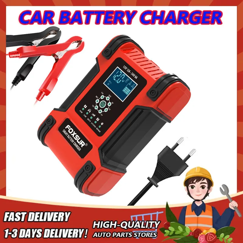 

Зарядное устройство FOXSUR для аккумуляторов 12 В для мотоциклов и автомобилей, автоматическое зарядное устройство для аккумуляторов с цифров...