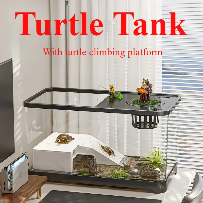 Large Transparent Turtle Tank with Basking Platform High Definition PET+ABS Plastic Anti Drop Aquarium Fish Reptiles Box