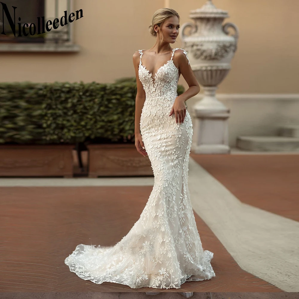 

Nicolle Mermaid Trendy Wedding Dresses For Bride Appliques Tulle Court Train Sleeveless V-Neck Backless Vestidos De Novia