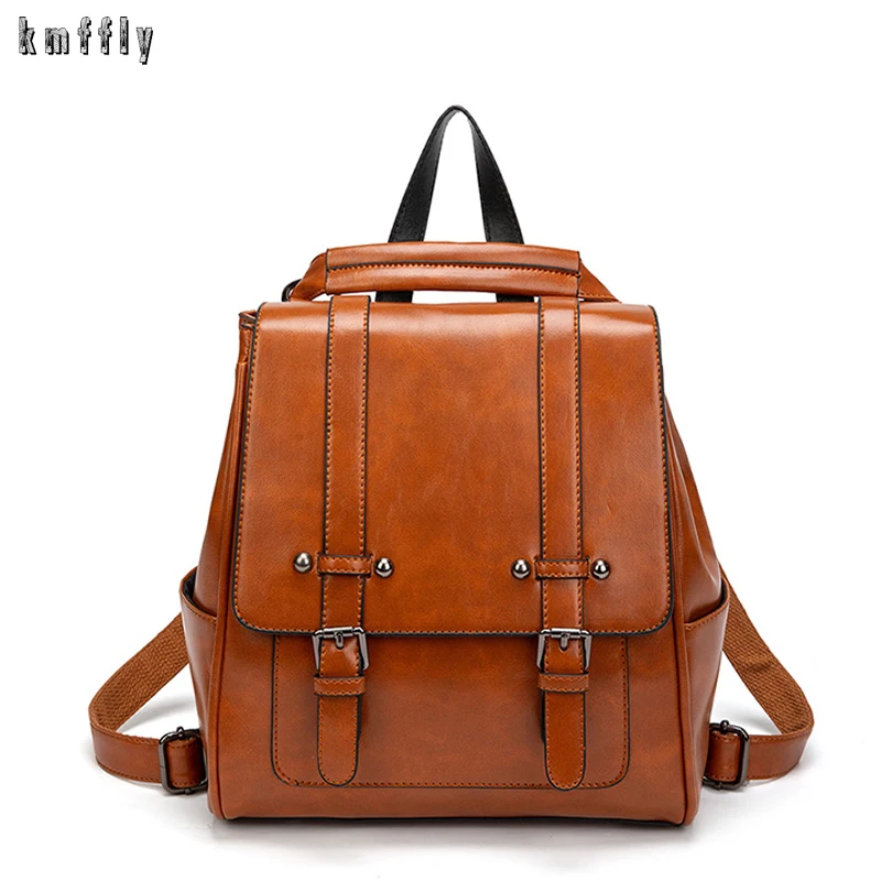 

High Quality Oil Wax Leather Backpacks Women Big Capacity Travel Backpack School Bags for Teenage Girls Shoulder Bags Mochilas