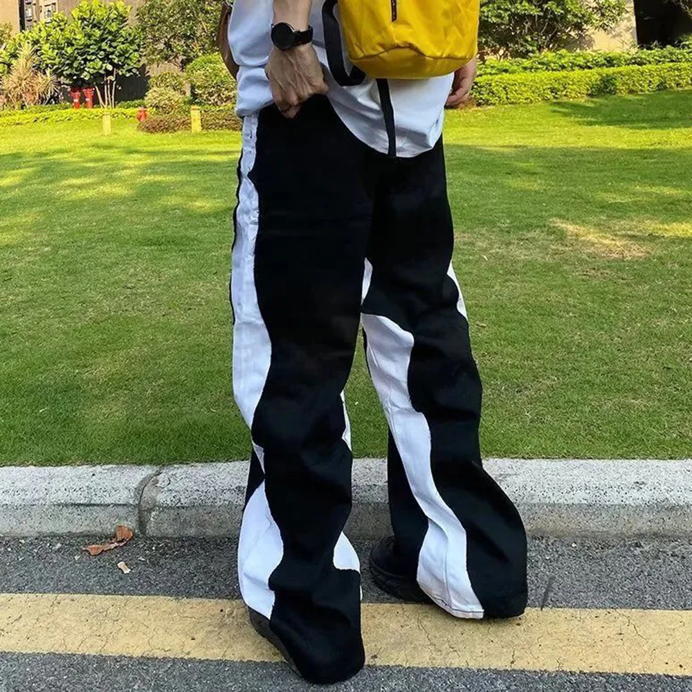 American Style High Street Trendy Brand Patch Design Jeans Men National Tide Loose Straight Leg Contrast Color Wide Leg Trousers