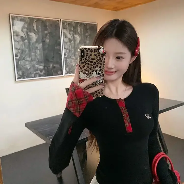 Early Autumn Women's Plaid Knit Top Long Sleeve Inner Slims Smooths Your Silhouette Base Layer T-Shirt Trendy Casual