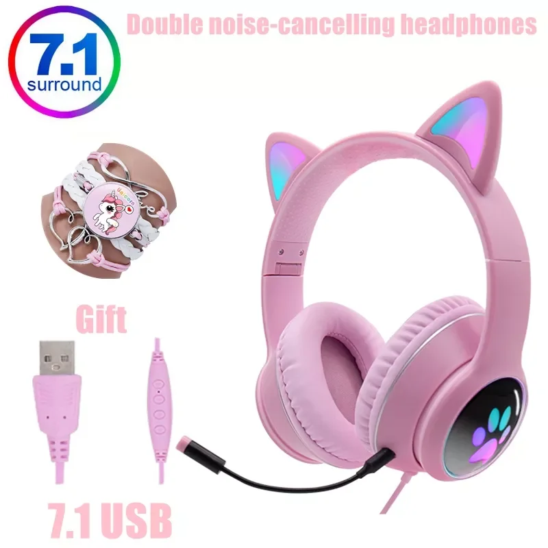 

Stereo USB Cat Ear Gaming Headset Girl Cute Headphone One key mute Headset With Independent Dual Microphone Auriculares Gift