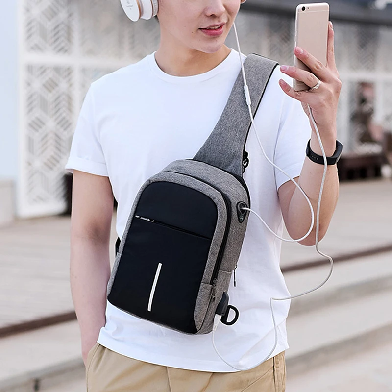

Men Chest Bag USB Crossbody Messenger Bags For Men Sling Packwork Business Canvas Female Packs Satchel Purse