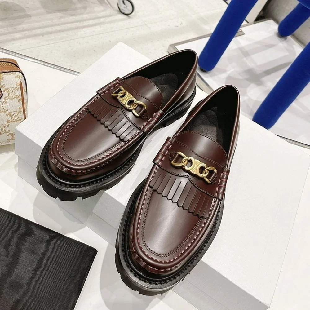 New leather European and American style thick soled leoford shoes women's tassel chain casual single shoes British small shoes