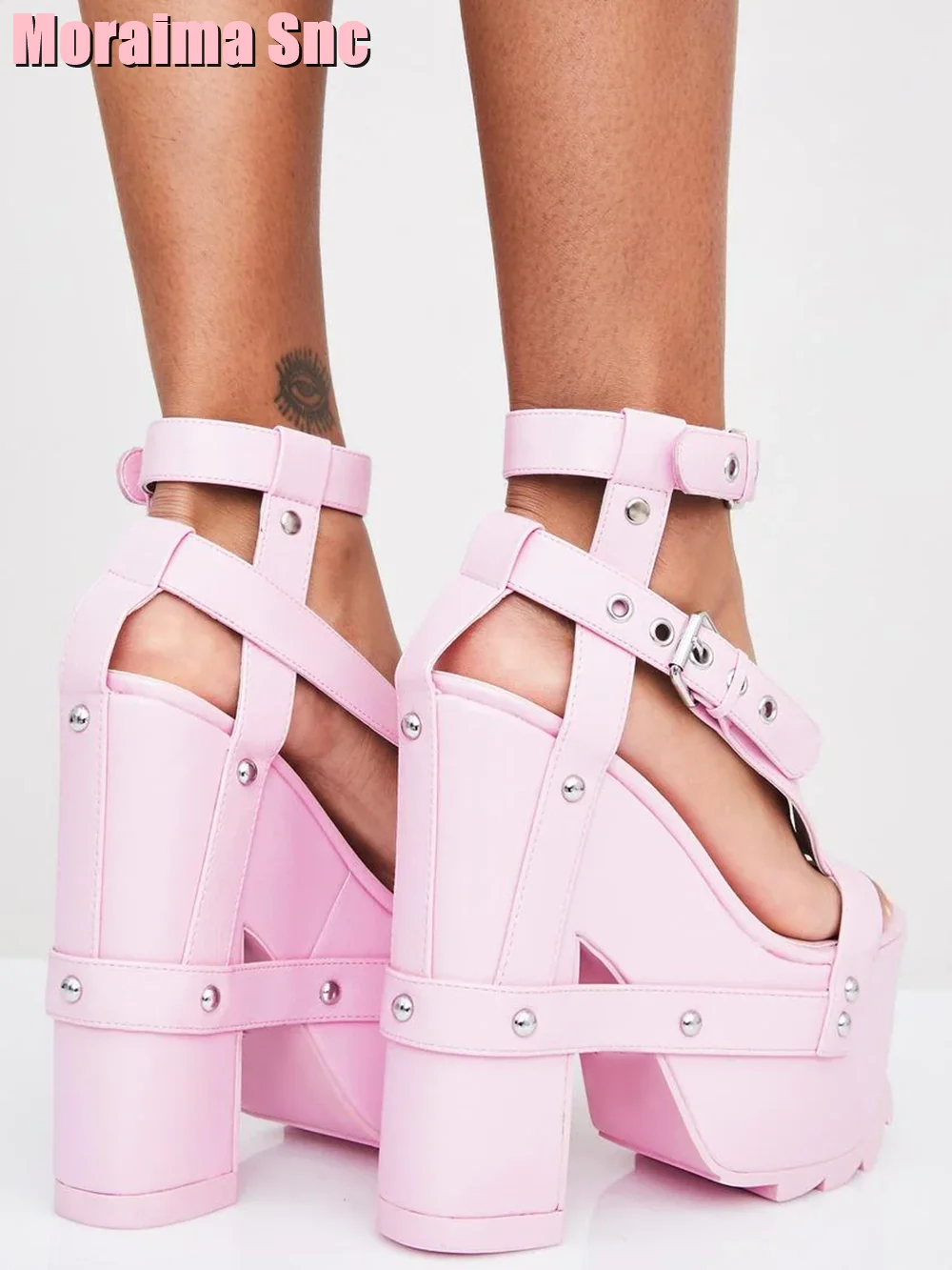 Fashion Platform Buckle Strappy Sandals Button Block Chunky Heel Open Toe Pink Solid Sexy Women Shoes Party 2023 Nightclub New