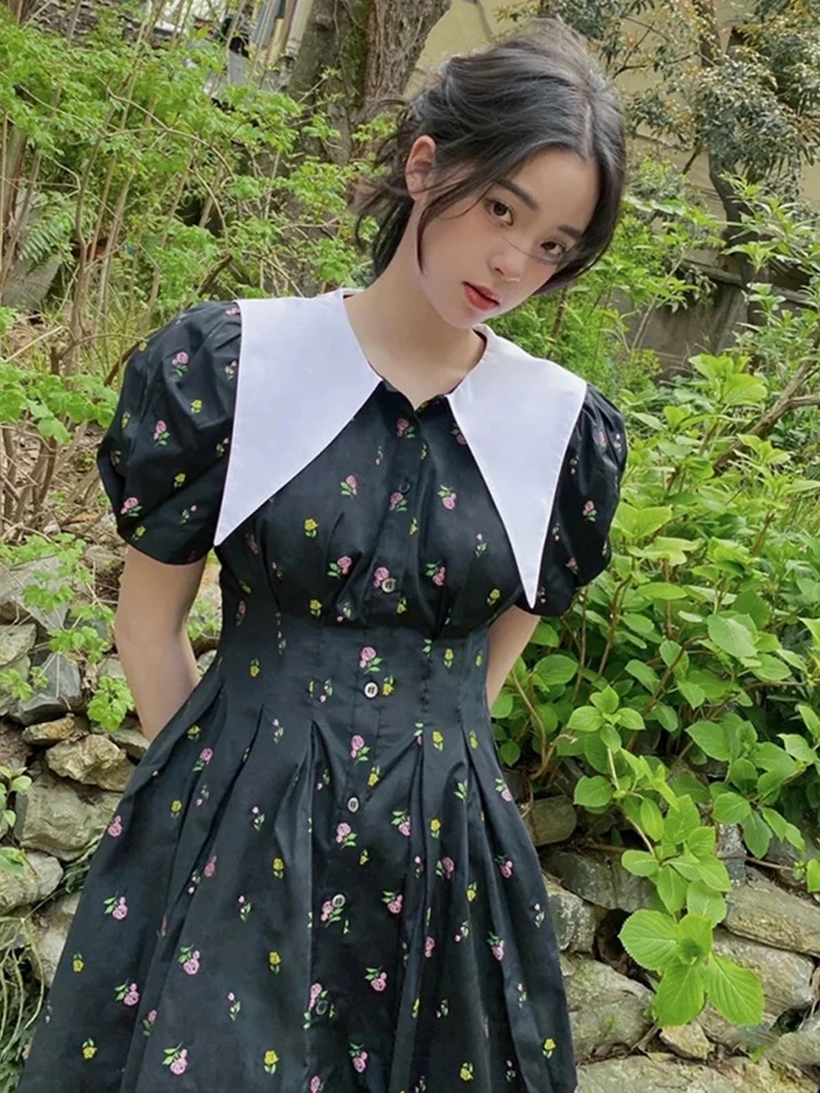 

Women Dress 2022 Spring/Summer Peter Pan Collar Puff Sleeve Embroidered Black Mini Dress
