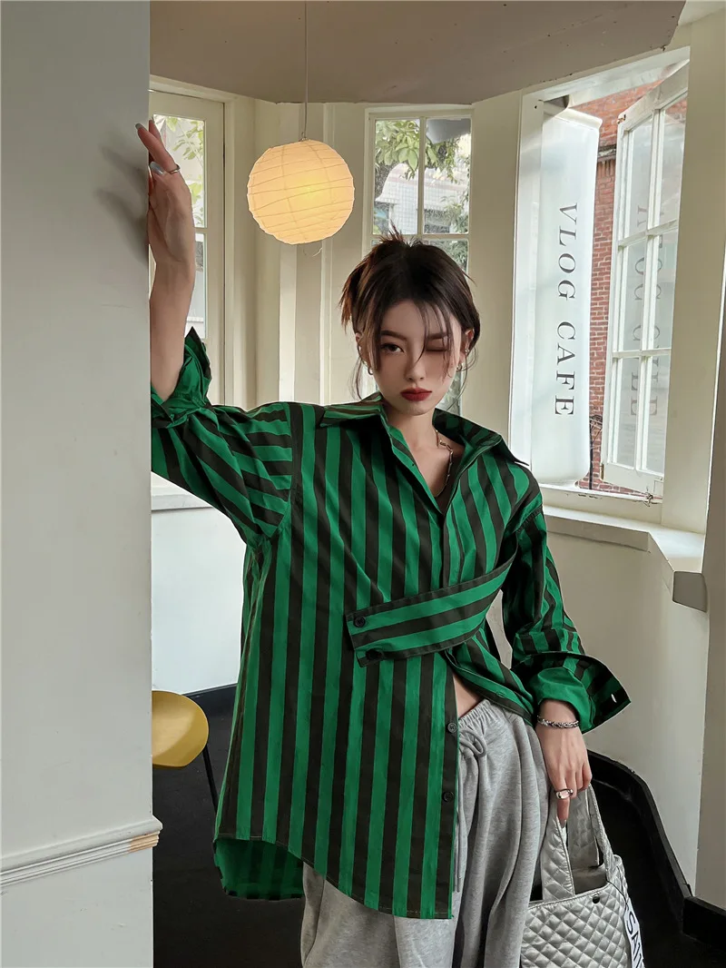 Полосатая рубашка в Корейском стиле Повседневная модная с асимметричным