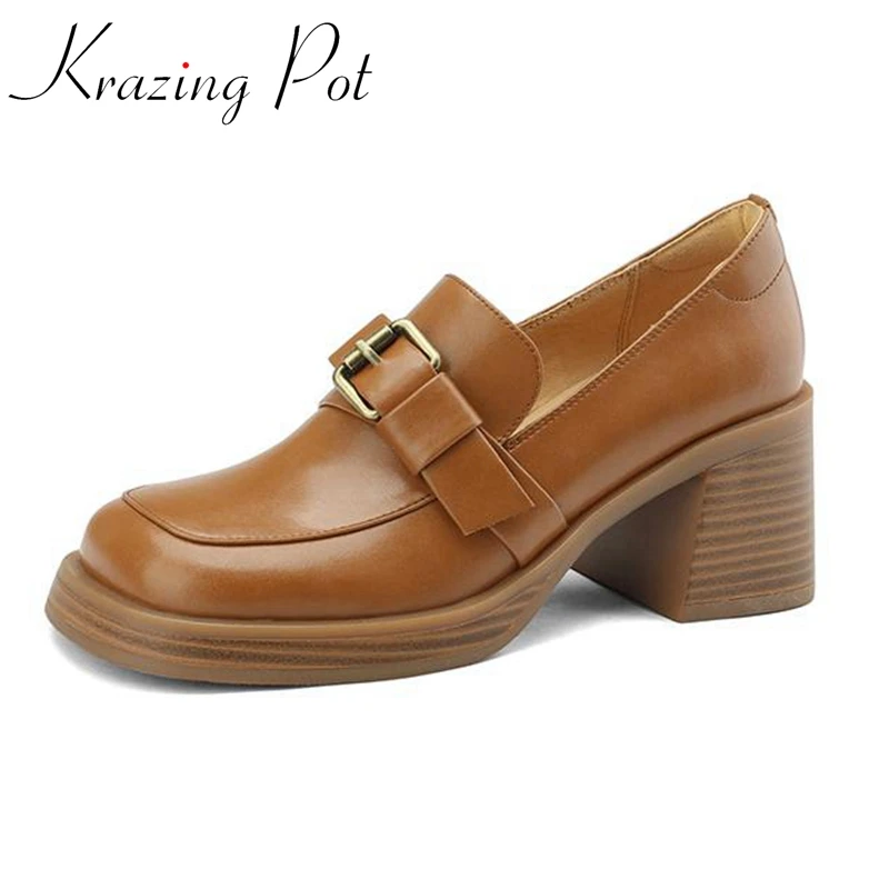 

Krazing Pot Cow Split Leather Square Toe All-match Thick High Heel Platform Loafers Shoes Belt Buckle Slip on Preppy Style Pumps