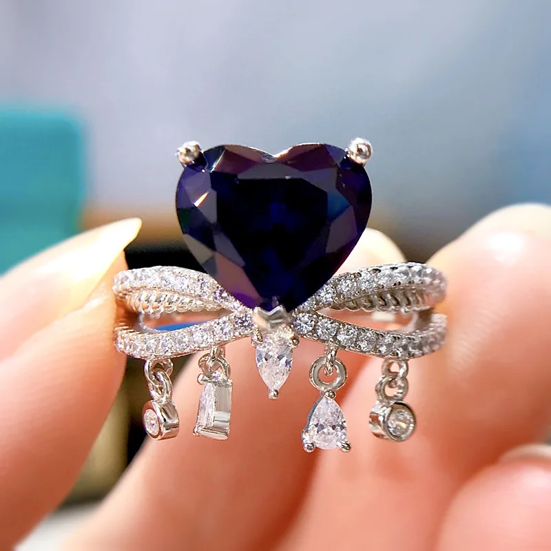 

Cross border Hot Sale s925 Sterling Silver Sapphire 9 * 10 Heart shaped Ring Women's European and American Fashion INS Ring