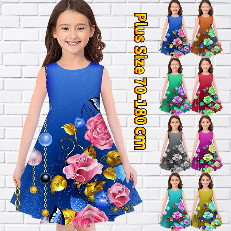 

2022 летнее платье с цветочным принтом, платье принцессы без рукавов с круглым вырезом, модное милое вечернее платье для маленькой девочки, платье без рукавов с принтом