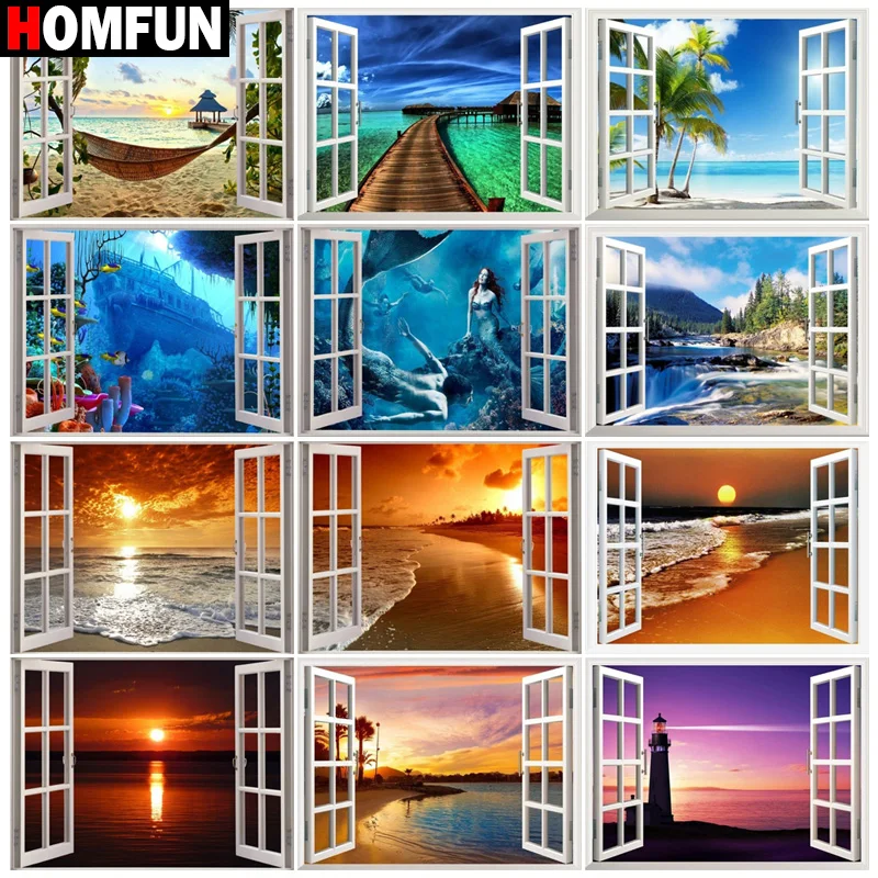 

Алмазная 5D Вышивка HOMFUN, Набор для вышивки крестиком «окно, пейзаж», ручная работа