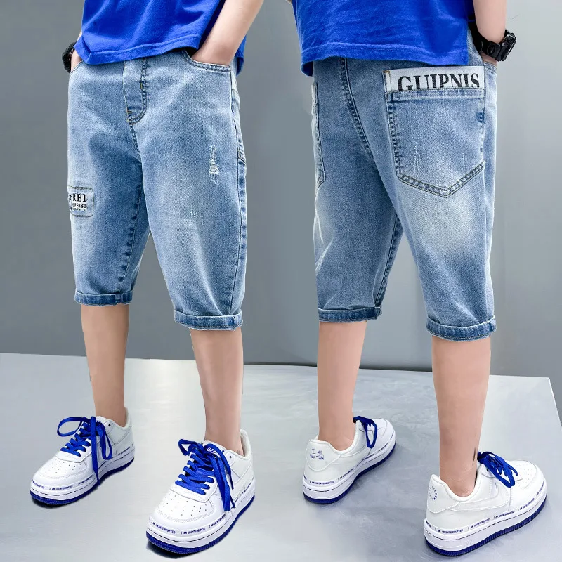 

Boys Shorts New Casual Blue Cotton Thin Denim Pants Children Short Jeans Kids Ripped Bottoms 5 6 7 8 9 10 11 12 13 14 Years