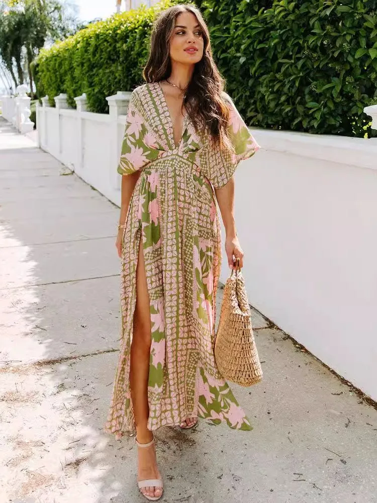 Платье женское с V-образным вырезом пикантное модное до щиколотки принтом и