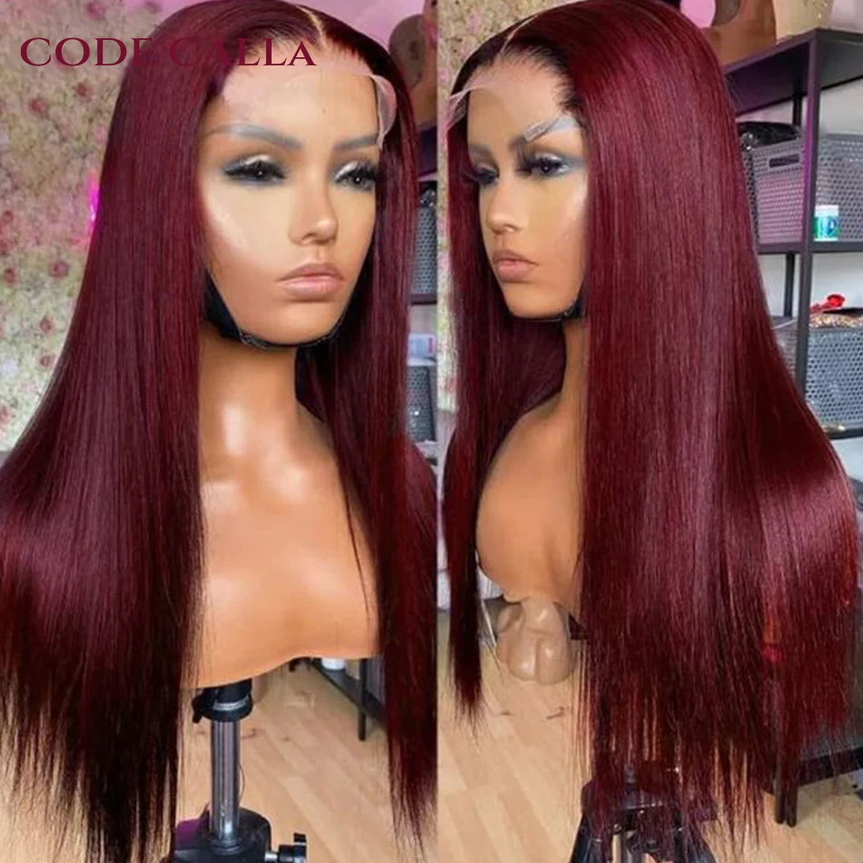 Colored Red Burgundy Lace Front Human Hair Wigs For Women PrePlucked 99J 4X4 Closure Transparent Lace Frontal Wig Human Hair