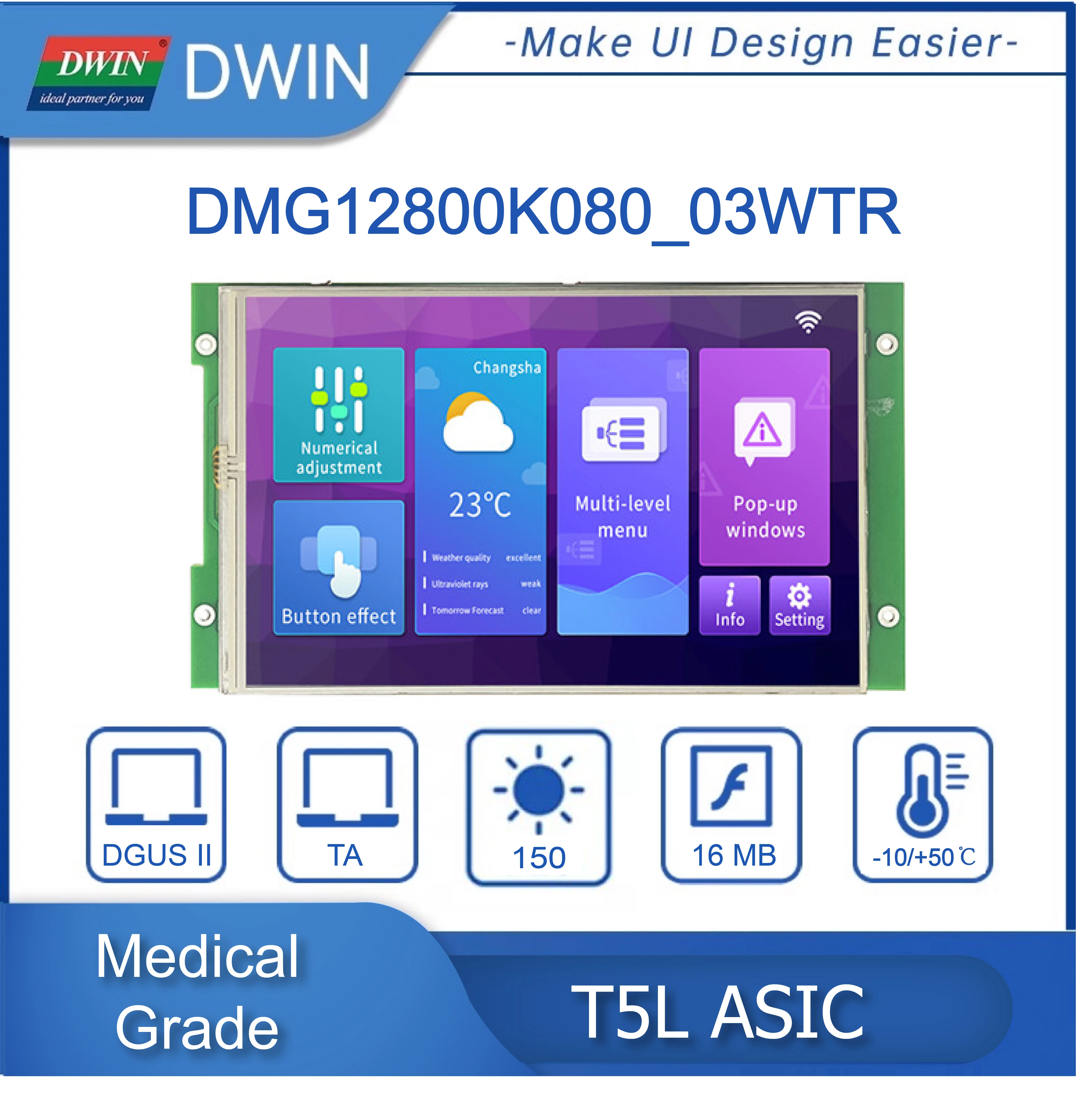 

Dwin 5,5-дюймовый, 8,0*800 Смарт Tft LCD UART Медицинский стандарт, поддержка RS232 и RS485 связи DMG10600K080_03W
