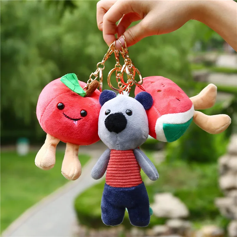 

Hot Selling Fruit Keychain Pendant Apple Watermelon Bear Frog Cartoon Style Doll Backpack Keychain Pendant Stuffed Animals Doll