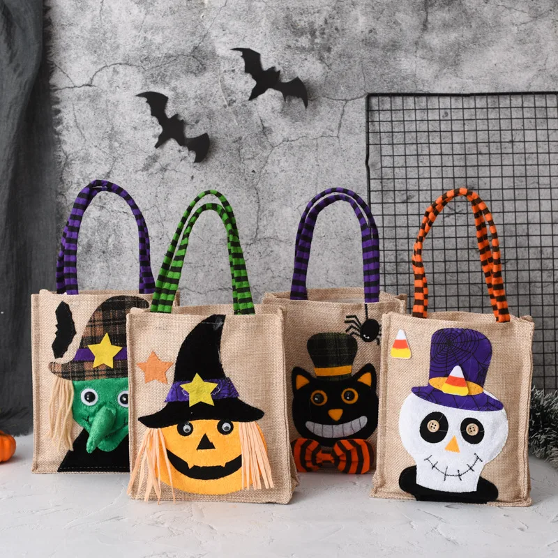 4 Pcs Halloween Decoration Gift Bag Candy Bags For Guests Party Supplies Linen Skull Witch Bags 2022 Halloween Party Decoration