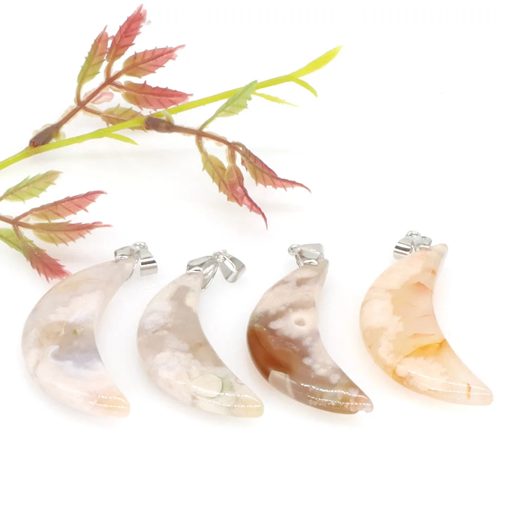 

Moon Pendant Natural Cherry Blossom Agate Crystal Energy Reiki Healing Stone Fashion Auspicious Necklace Jewelry For Love Gift