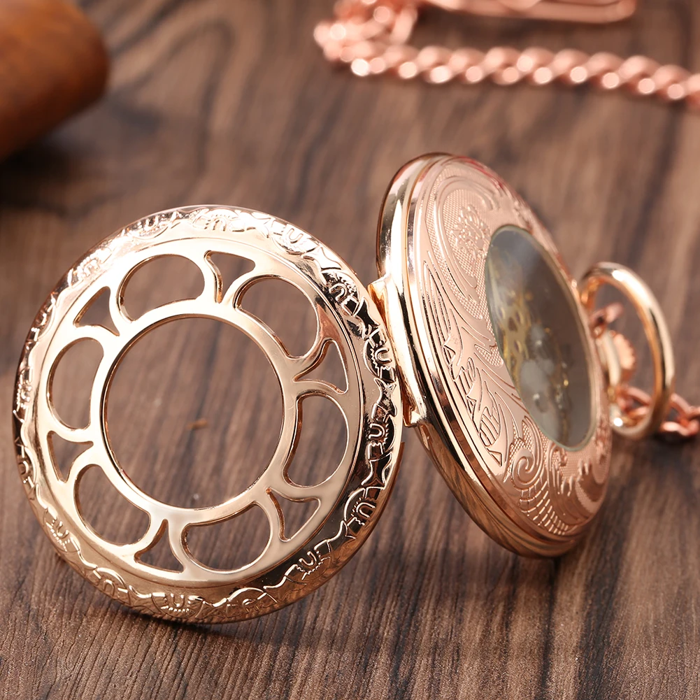 Hollow Rose Gold Flower Pattern Mechanical Hand-Wind Pocket Watch Roman Numerals Dial Elegant Manual Pocket Clock Fob Chain