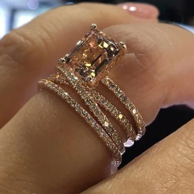 

Geometry Design Grace Rose Gold Light Luxury Square Imitation Zircon Women Ring Princess Accessories Birthday Anniversary Gift